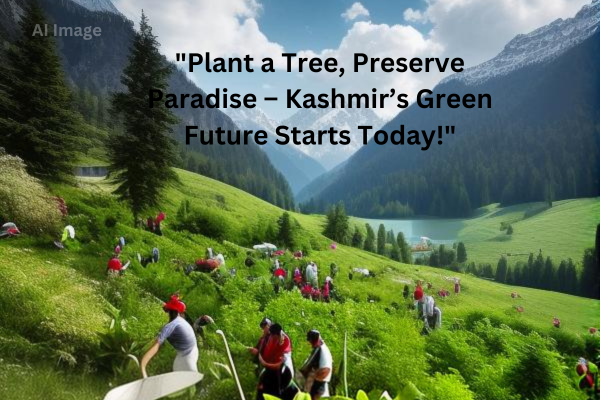 A scenic green valley in Kashmir with volunteers in red hats planting trees on the hillside, surrounded by lush greenery, mountains, and a peaceful lake.